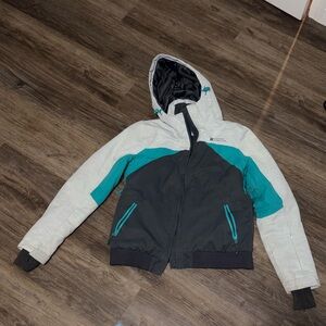 Gray and Teal Hooded Mountain Warehouse Jacket